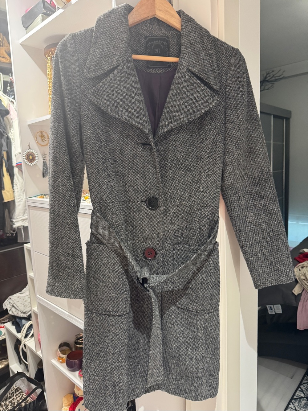 Women's Gray Tweed Long Coat with Belt
